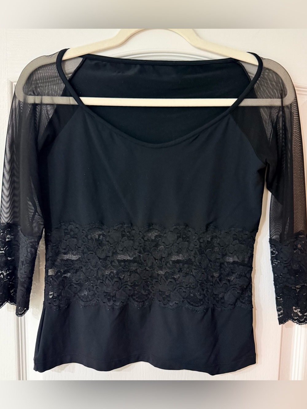 Black Lace Mesh Sheer Sleeve Top Women’s Medium Y2K Romantic Goth Blouse